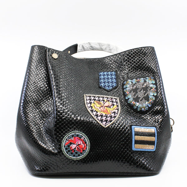 Black Python Leather Diorific Sequin Embroidered Patch Bucket Handbag GHW