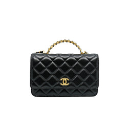 Logo Top Handle Black Wallet On Chain Lambskin GHW - L'UXE LINK