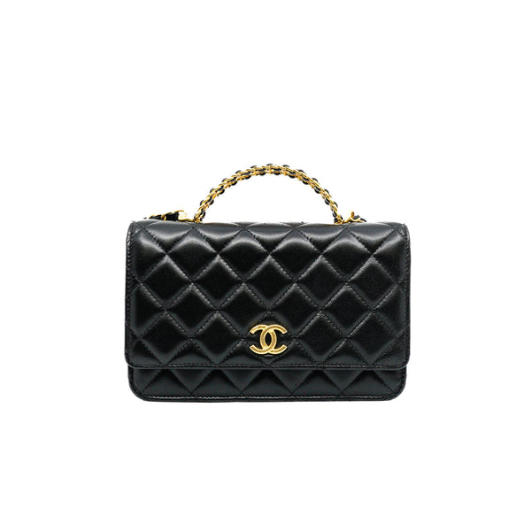 Logo Top Handle Black Wallet On Chain Lambskin GHW - L'UXE LINK