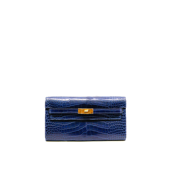 Kelly To Go Wallet 73 Bleu Saphir Alligator Leather GHW B Stamp - L'UXE LINK