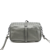 thumbnail Double Pocket Small Grey Flap Intrecciato Nappa Leather Crossbody Bag - L'UXE LINK