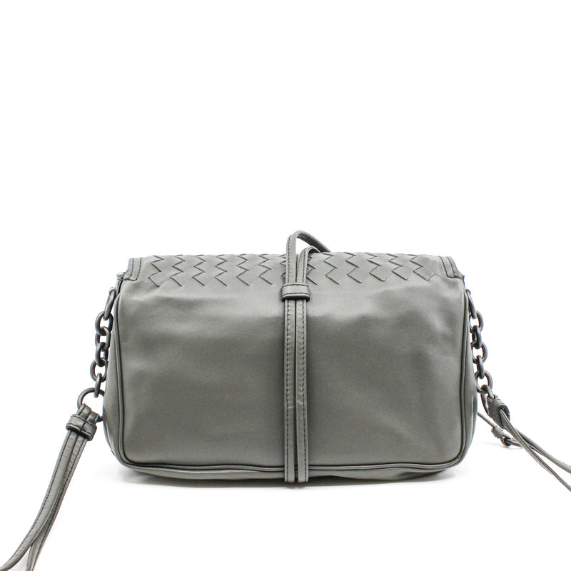 Double Pocket Small Grey Flap Intrecciato Nappa Leather Crossbody Bag - L'UXE LINK