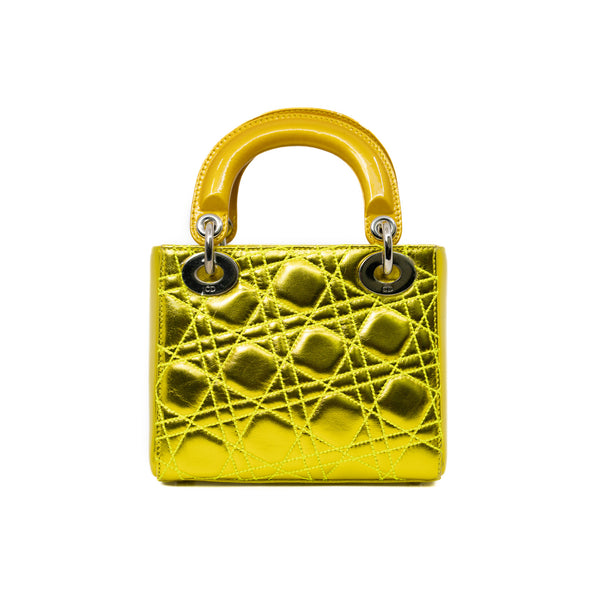 Limited Edition Mini Lady Dior In Neon Yellow/Gold Leather Handbag PHW With Strap - L'UXE LINK