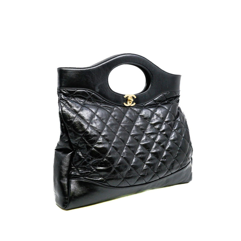 Medium 31 Black Shiny Quilted Calfskin Shopping Bag GHW Seri 28