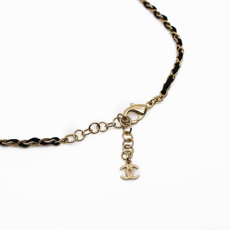 CC Logo And Pearl Lock In Black Leather Necklace GHW - L'UXE LINK