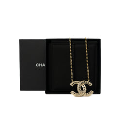 Crystal Textured Gold CC Logo Pendant Necklace GHW - L'UXE LINK