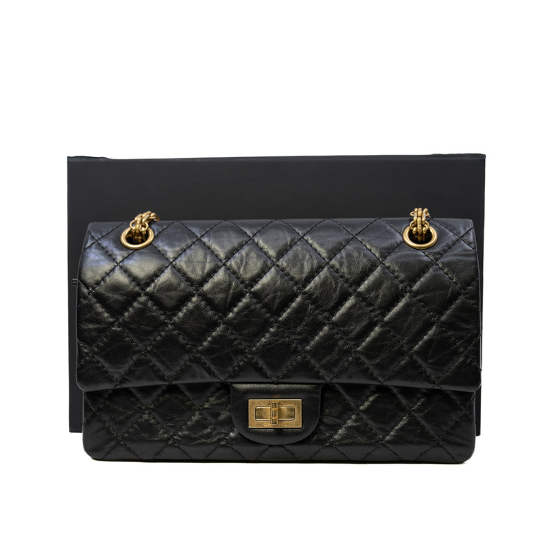 2.55 Reissue 225 Black Aged Calfskin Quilted Flap Bag GHW Seri 28 - L'UXE LINK