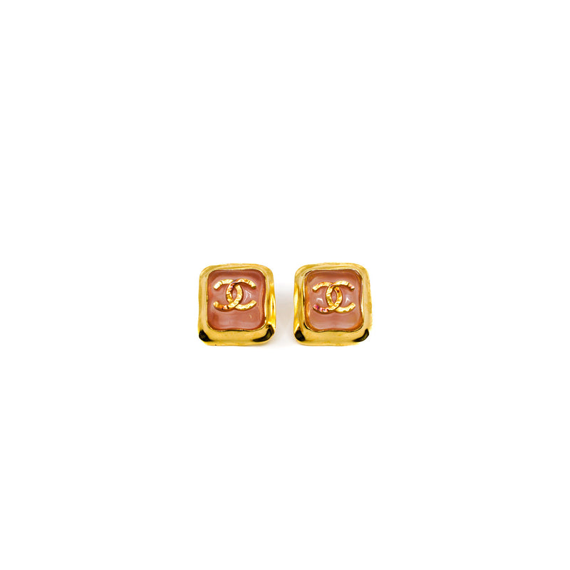 Pink Square Gold CC Logo Earrings - L'UXE LINK