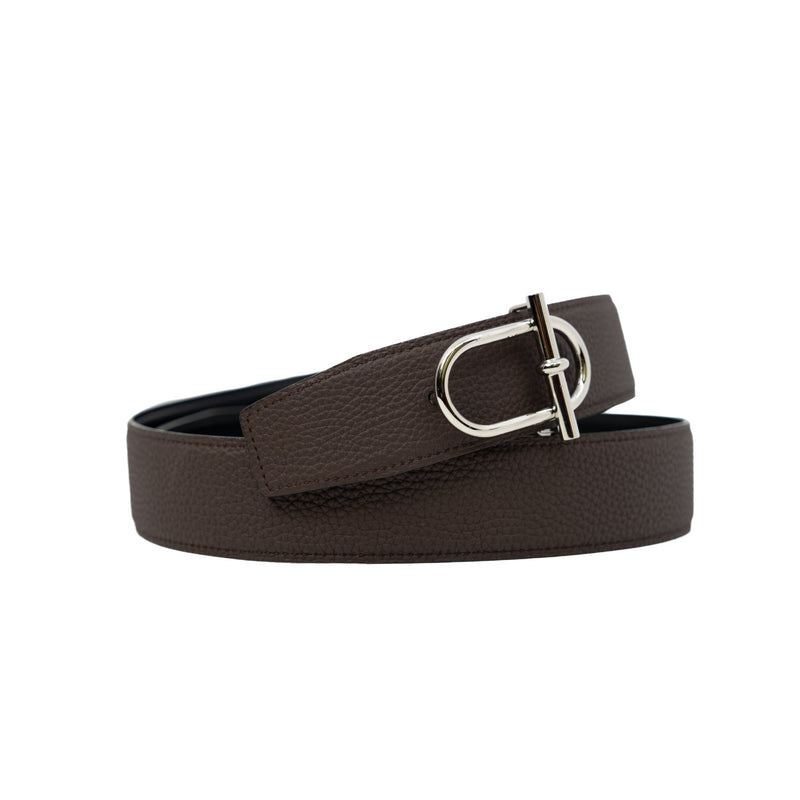 Ithaque 38mm Belt Buckle And Reversible Togo/Box Leather Black/Chocolat Strap Size 85 - L'UXE LINK