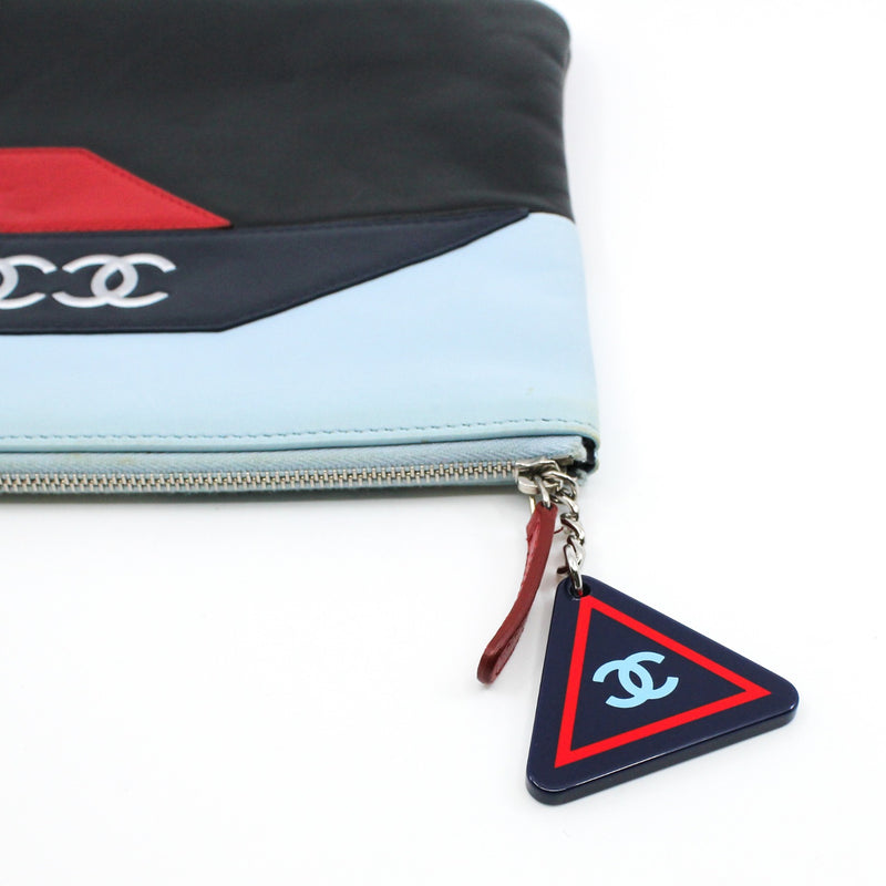 16P CC Logo Airline Pouch Lambskin Leather In Blue/Red/Black SHW