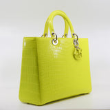 thumbnail Large Lady Dior Green Yellow Crocodile Leather Handbag PHW With Strap - L'UXE LINK