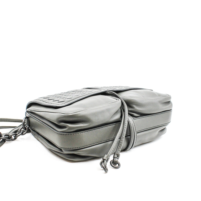 Double Pocket Small Grey Flap Intrecciato Nappa Leather Crossbody Bag - L'UXE LINK