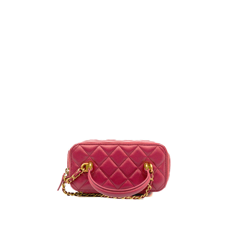 Small Top Handle In Dark Pink Lambskin Quilted Vanity Case With Chain GHW Seri 31 - L'UXE LINK