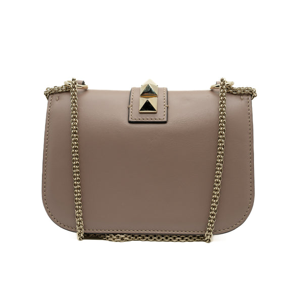 Small Rockstud Glam Lock Flap Bag Nude Leather Beige GHW - L'UXE LINK