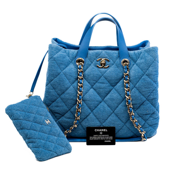 Light Blue Quilted Terry Cloth Coco Beach Shopper Tote Bag PHW Seri 30 - L'UXE LINK