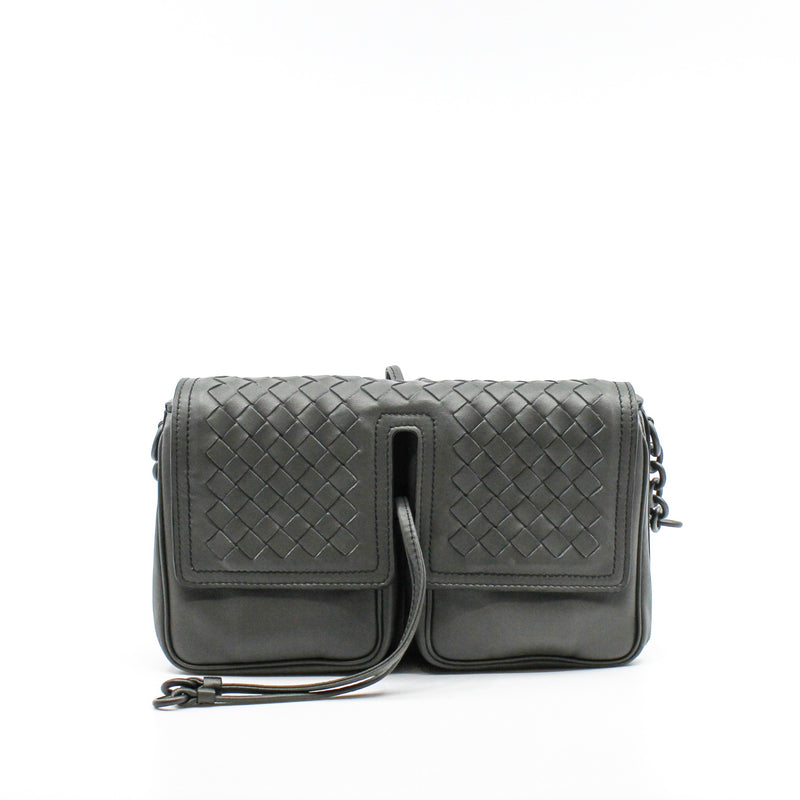 Double Pocket Small Grey Flap Intrecciato Nappa Leather Crossbody Bag - L'UXE LINK