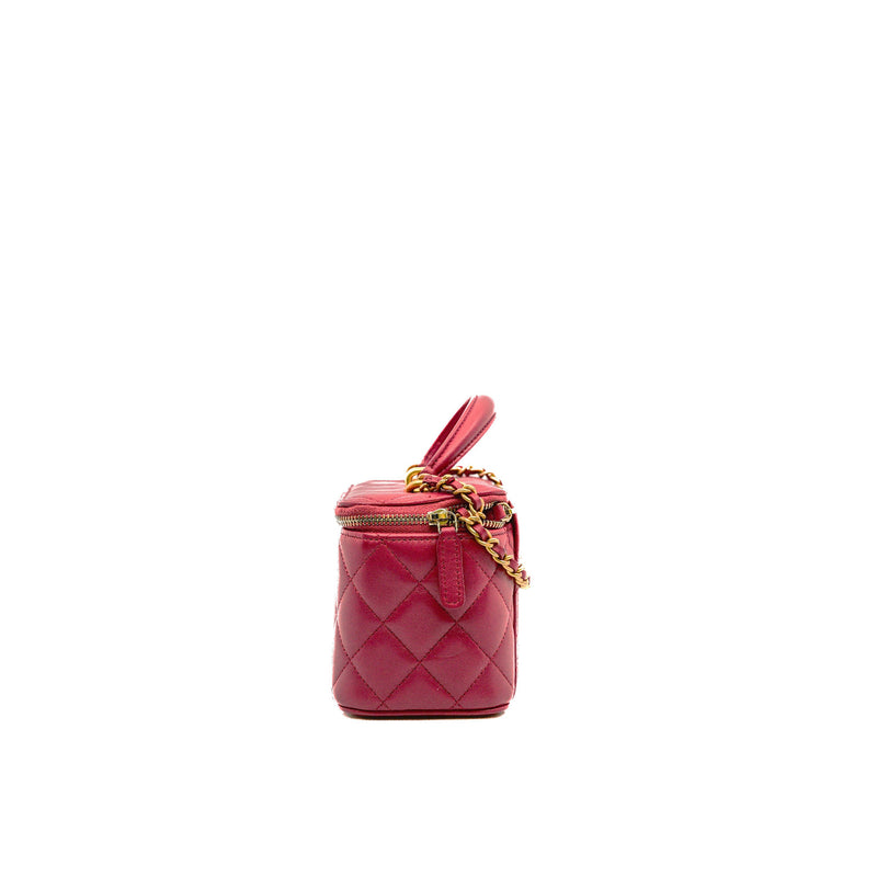 Small Top Handle In Dark Pink Lambskin Quilted Vanity Case With Chain GHW Seri 31 - L'UXE LINK