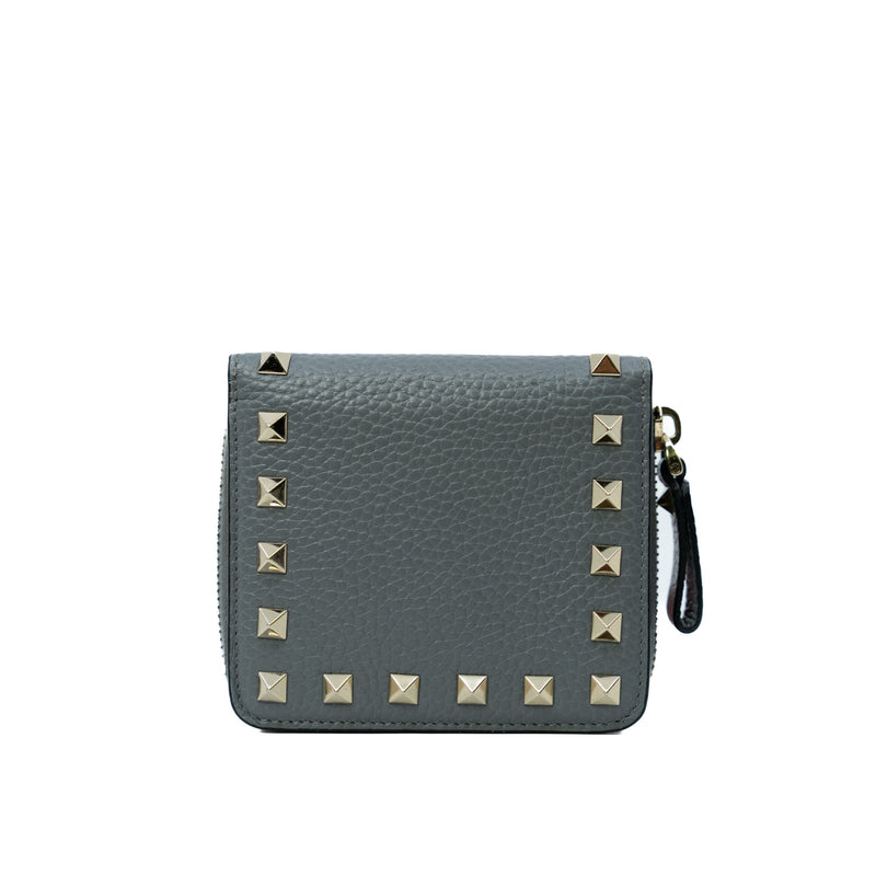 Rockstud Zip Around Wallet In Grey Calfskin Leather GHW - L'UXE LINK