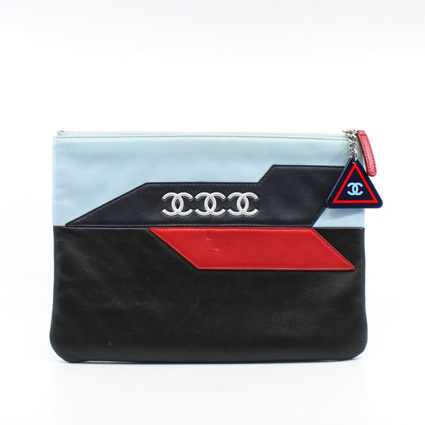 16P CC Logo Airline Pouch Lambskin Leather In Blue/Red/Black SHW - L'UXE LINK