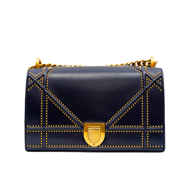 Medium Diorama Studded In Navy Lambskin Leather Flap Bag GHW - L'UXE LINK