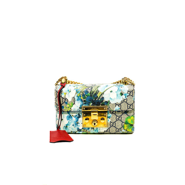 Small GG Supreme Monogram And Red Leather With Navy Blue Hibiscus Blooms Padlock Handbag GHW - L'UXE LINK