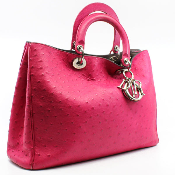 Large Ostrich Diorissimo In Fuchsia/Brown Handbag PHW With Strap - L'UXE LINK