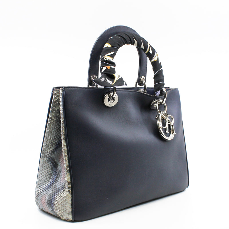 Medium Diorissimo In Blue/Beige Python/Calfskin Leather Handbag PHW With Strap - L'UXE LINK