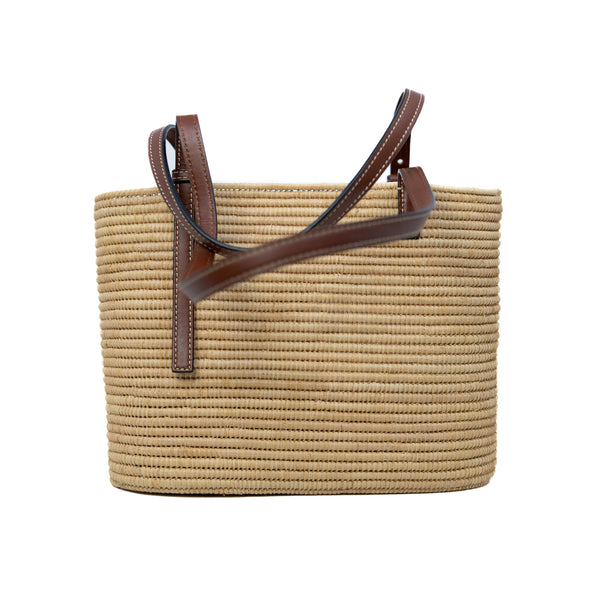 Small Beige And Brown Square Straw Anagram Basket Tote Bag