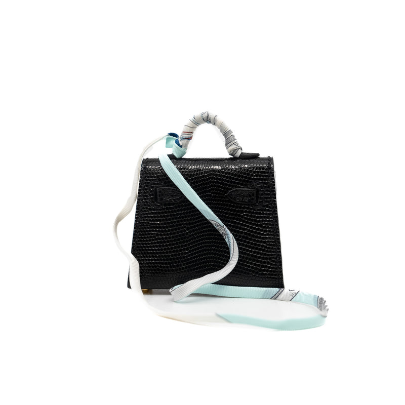 Mini Kelly Twilly Bag Charm Black in lizard skin ghw