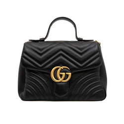 GG Marmont Top Handle Matelasse Leather Flap Bag Black GHW With Strap - L'UXE LINK