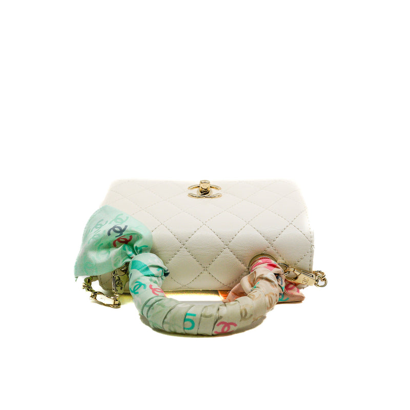 Mini Coco Handle White Lambskin Leather GHW Seri 31 With Twilly - L'UXE LINK