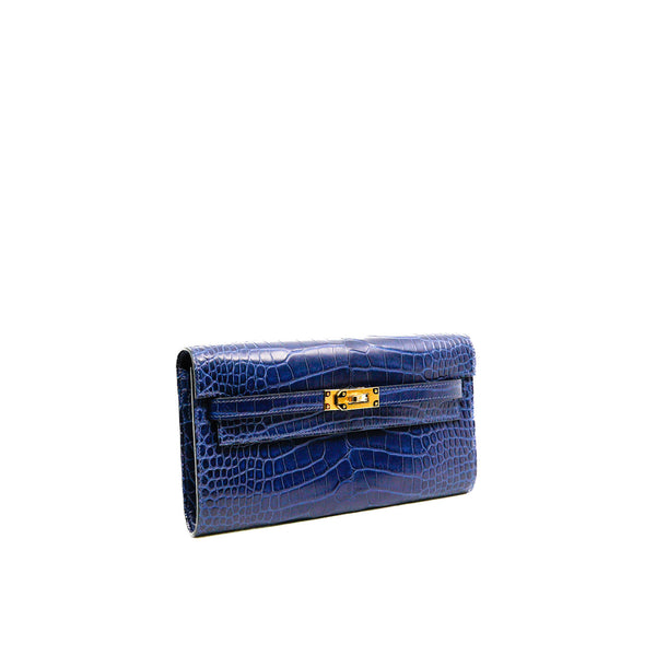 Kelly To Go Wallet 73 Bleu Saphir Alligator Leather GHW B Stamp - L'UXE LINK