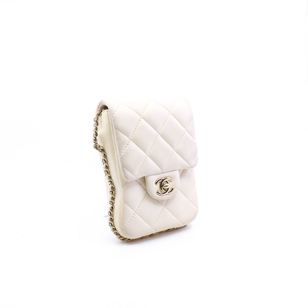 White Lambskin Quilted Phone Flap Bag With Chain GHW Seri 29 - L'UXE LINK