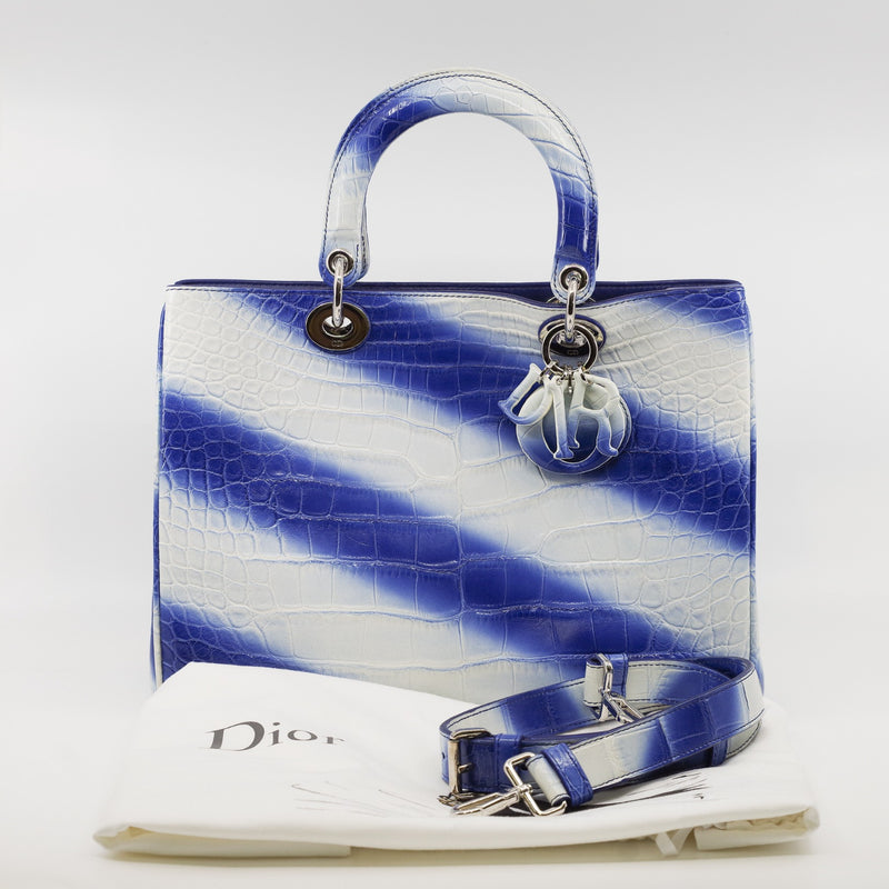 Medium Diorissimo In White/Blue Crocodile Leather Handbag PHW With Strap - L'UXE LINK