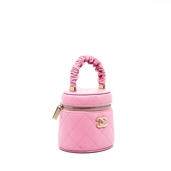 Mini Vanity Case With Ruched Handle In Pink Lambskin Quilted Handbag GHW Seri 32 - L'UXE LINK