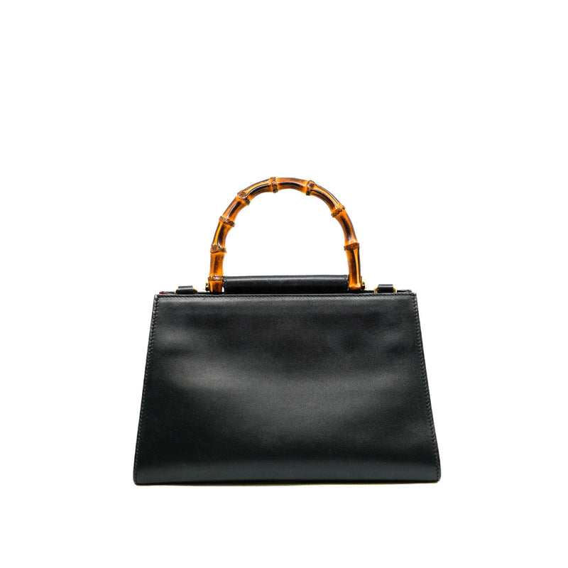 Nymphaea Bamboo Handle In Black Cowhide Leather Handbag GHW With Strap - L'UXE LINK