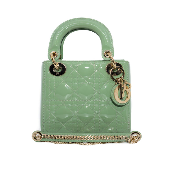 Mini Lady Dior Mint Green Patent Cannage Bag GHW With Chain - L'UXE LINK