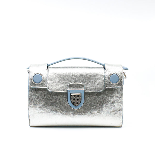 Metallic Silver/Blue Grained Calfskin Diorever Squad Flap Bag PHW With Strap