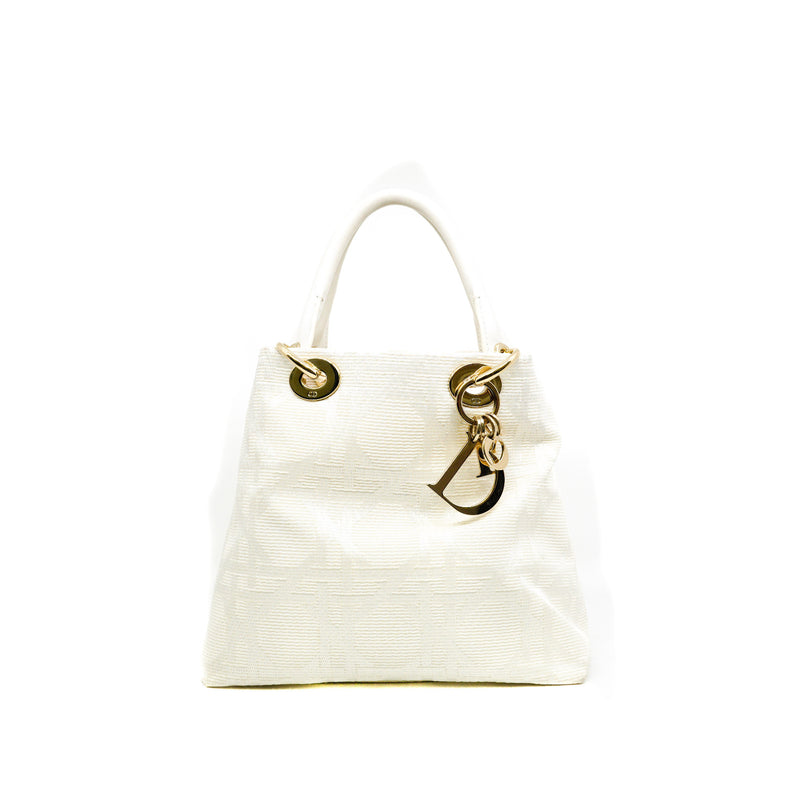 Canvas Cannage White Small Soft Lady Dior Shopping Tote GHW