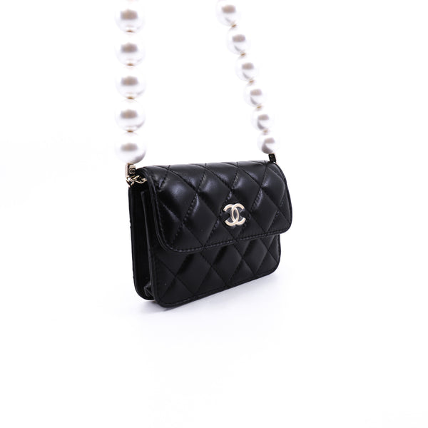 Black Lambskin Leather Quilted Maxi Pearls Chain Card Holder Flap Bag LGHW Seri 31