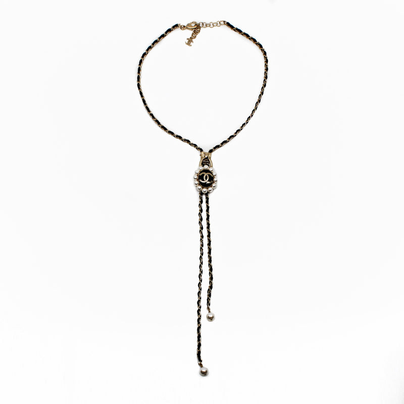 CC Logo And Pearl Lock In Black Leather Necklace GHW - L'UXE LINK