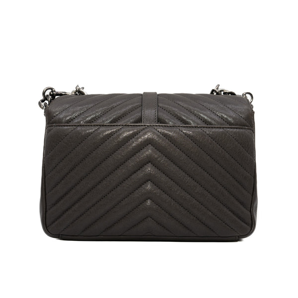 College Medium In Quilted Calfskin Leather Dark Grey Silver - L'UXE LINK