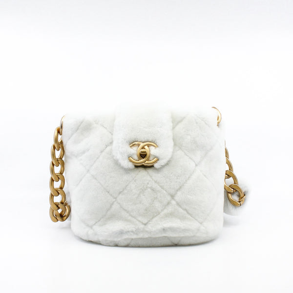 White Shearling With Fur Strap Bucket Bag GHW Seri 30