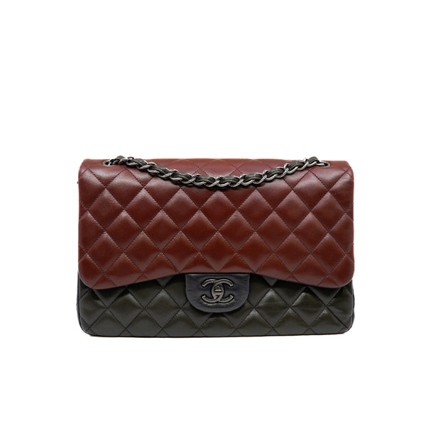 Cf Large Size Lambskin Double Flap Bag Olive/Dark Red/Black Seri 18 - L'UXE LINK