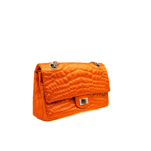 2.55 Reissue Classic 225 Orange Crocodile Quilted Satin Flap Bag Seri 12 - L'UXE LINK