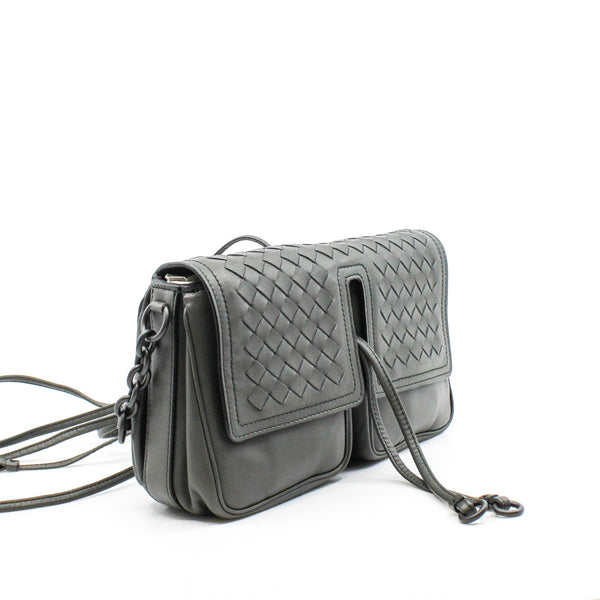 Double Pocket Small Grey Flap Intrecciato Nappa Leather Crossbody Bag - L'UXE LINK