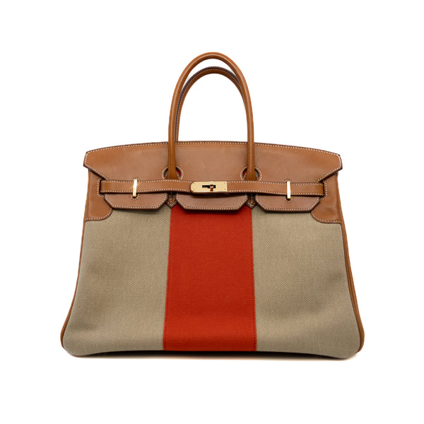 birkin 35cm in orange beige fabric/faubourg ghw R stamp