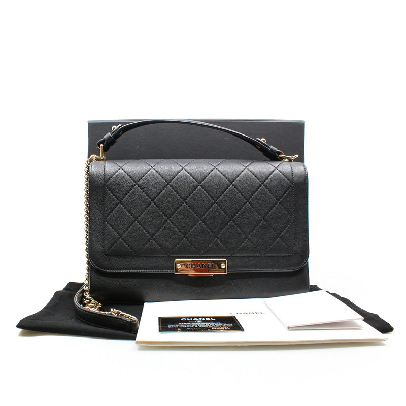 Large Label Click In Black Calfskin Leather Quilted Top Handle Flap Bag GHW Seri 23 - L'UXE LINK