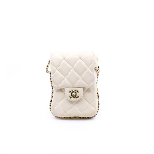 White Lambskin Quilted Phone Flap Bag With Chain GHW Seri 29 - L'UXE LINK