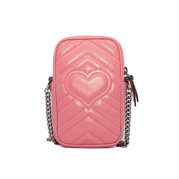 GG Pink Calfskin Marmont Mini Phone Holder Bag